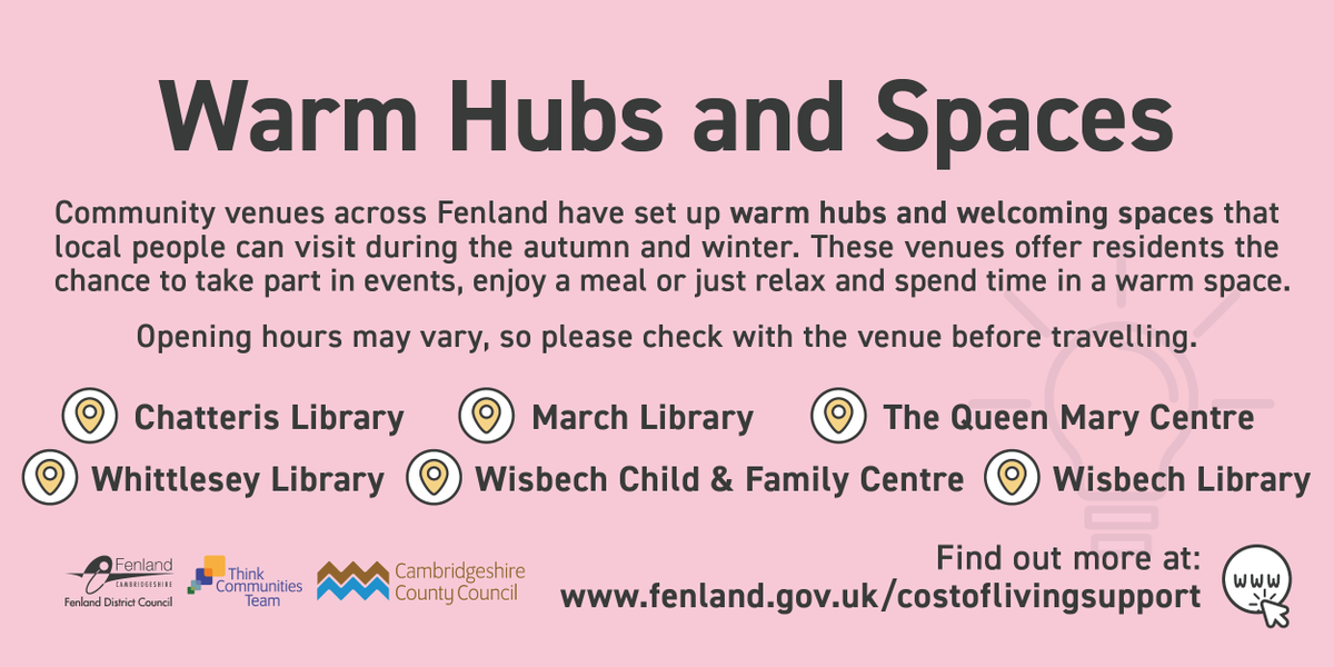 FenlandCouncil's tweet photo. Looking for a warm and welcoming space?

Community venues across Fenland have set up warm hubs and welcoming spaces where you can take part in events, enjoy a meal or just relax and spend time in a warm space.

Find out more at: 
https://t.co/yoFRnVS6If https://t.co/CvLyXiViq1