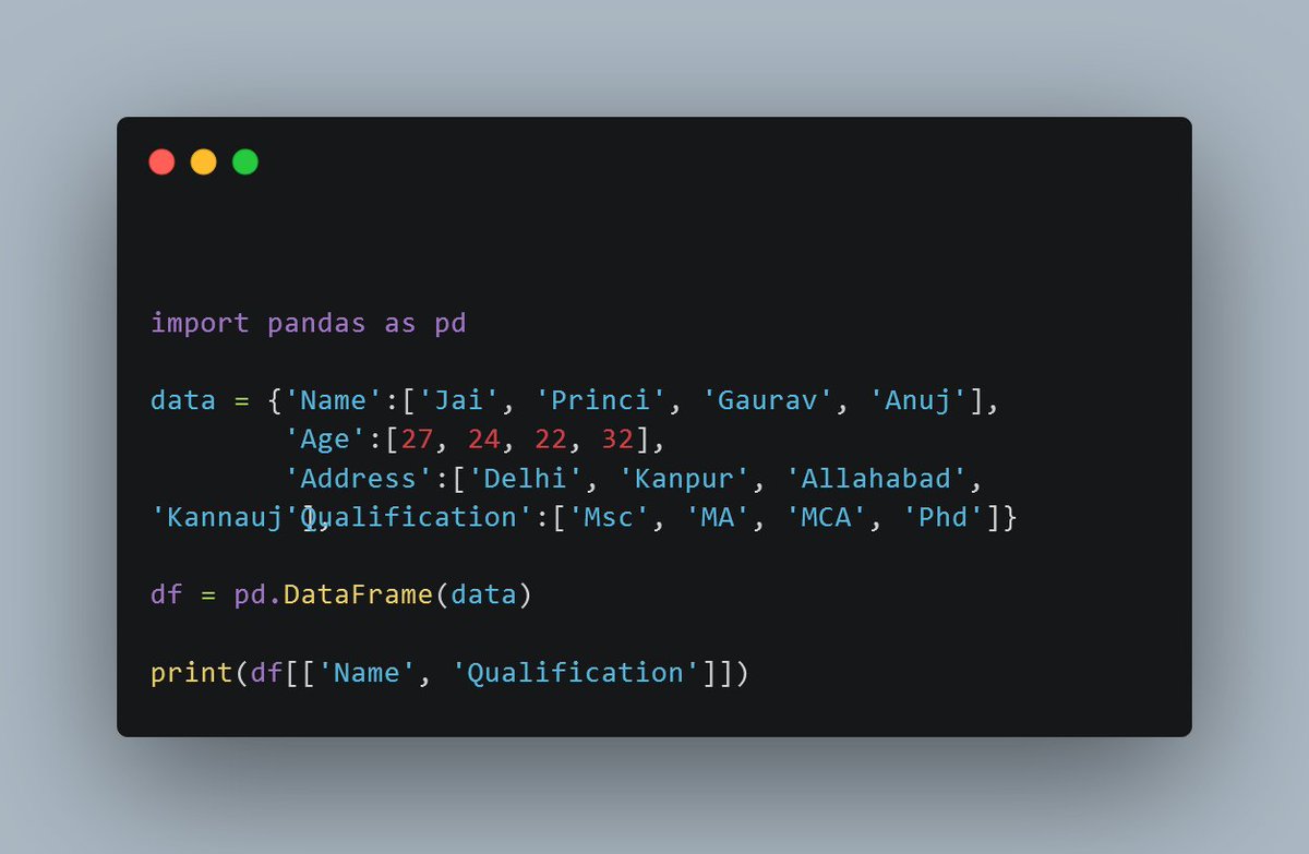 Day 5

Day 2 | 7 days of data in python

Learnt about:

Create a pandas DataFrame with data
Select columns in a DataFrame
Select rows in a DataFrame

The code below allows for column selection in a DataFrame

#100DaysOfCode