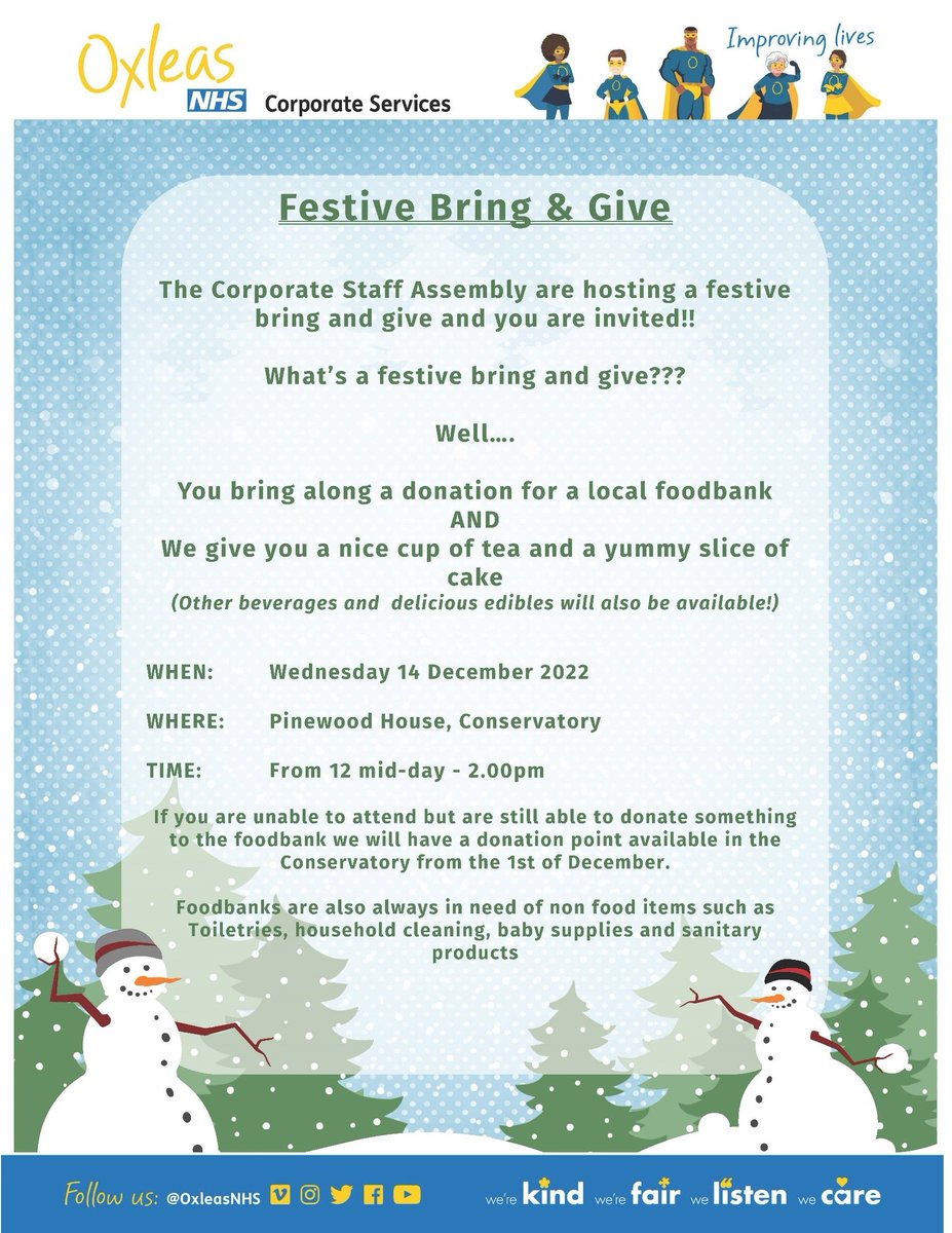 I shall be attending the Corporate Staff Assembly festive drop-in @ Pinewood House tomorrow.🥳...So do come and say Hello, with your foodbank donations.👍 <a href="/OxleasNHS/">Oxleas NHS</a>