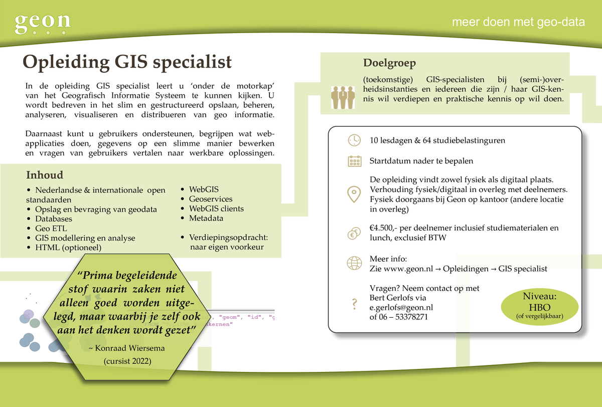 geonbv's tweet photo. "Een uitstekend opgebouwde cursus waarin diverse aspecten van GIS worden behandeld" - aldus een deelnemer van de afgelopen editie

Wil je ook je meer verdiepen in GIS zodat je ermee aan de slag kunt? Kijk dan eens naar https://t.co/DZ759pbACC https://t.co/txrddrGwWb