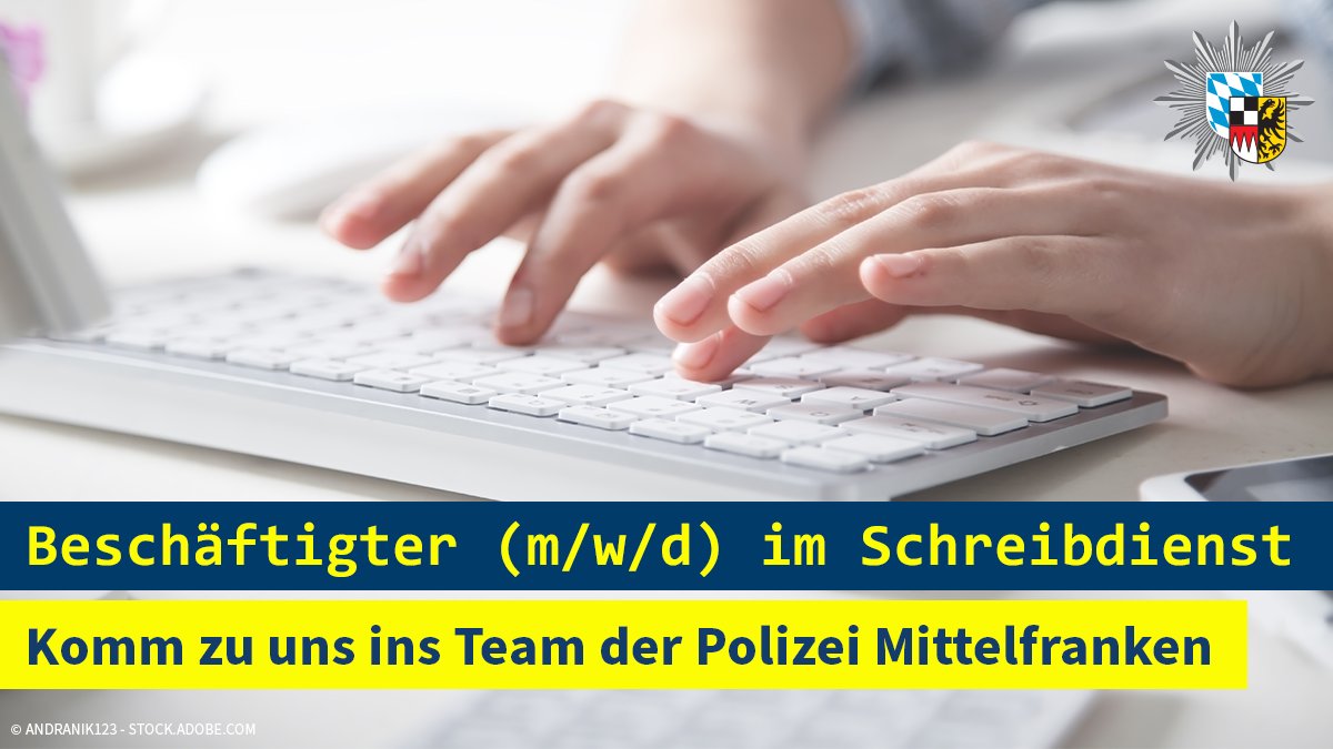 PolizeiMFR's tweet photo. Bei der Polizeiinspektion Bad #Windsheim suchen wir zum 01.04.2023 einen Beschäftigten (m/w/d) im #Schreibdienst auf einer unbefristeten Teilzeitstelle mit 30,00 Wochenstunden.

Eingruppierung: Entgeltgruppe 5 TV-L 
Dienstort: Bad Windsheim

Weitere Infos:
https://t.co/R7bkYAAghw https://t.co/To5lSG5Z6X
