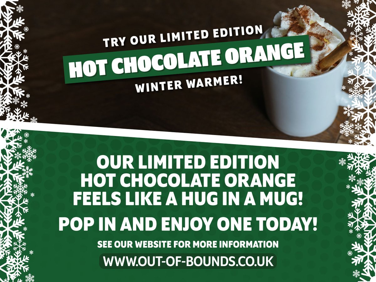 ooboundsuk's tweet photo. YAY! Today is National Hot Chocolate Day!
Pop into our café and take some time out with a limited edition Hot Chocolate Orange drink while the kids play. It's like a warm hug in a mug!
#OOFB #NationalHotChocolateDay #HotChocolateDay #HotChocolate #Chocolate #Christmas #TimeOut https://t.co/219k5NuBer