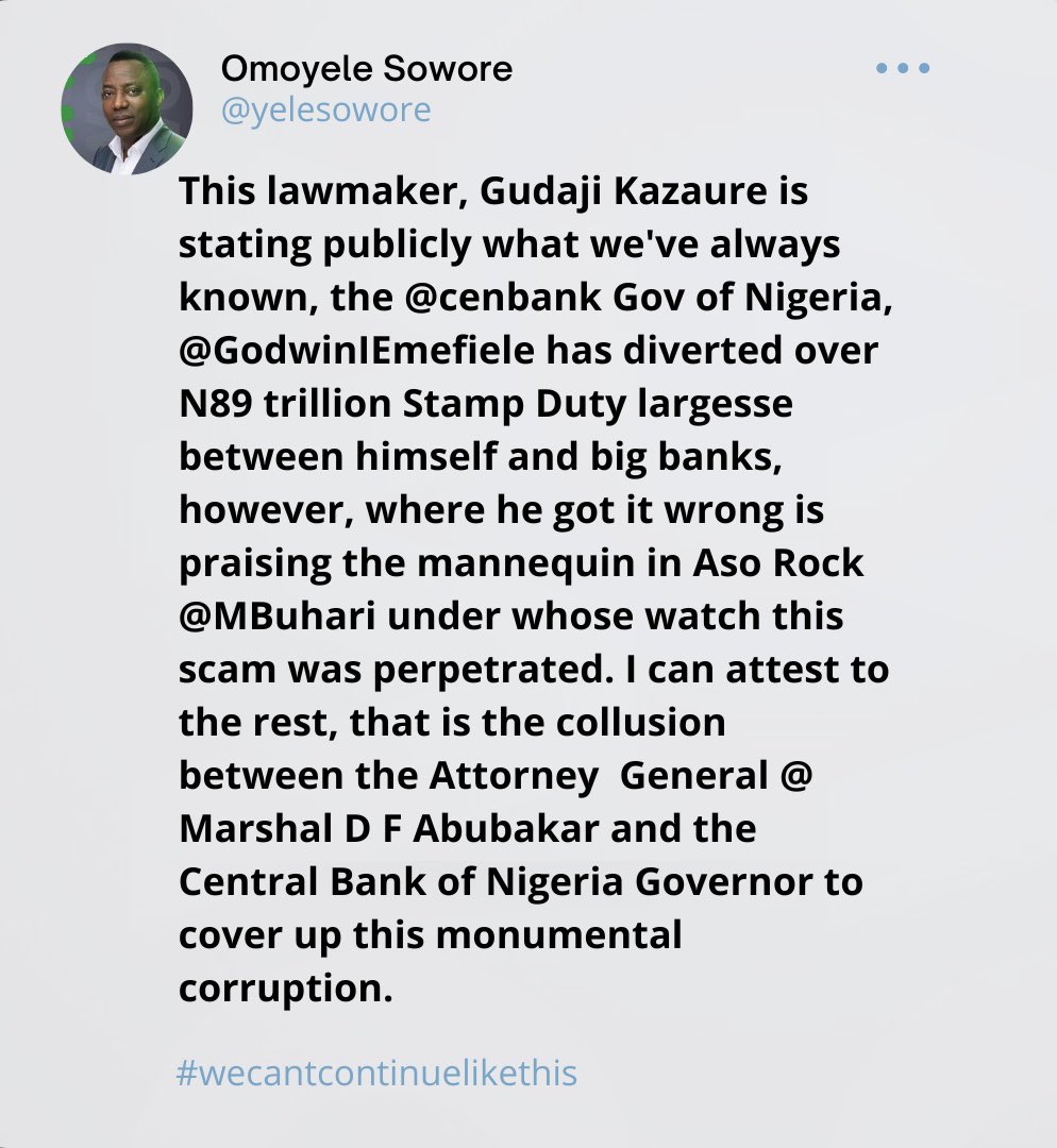 sowore's tweet photo. The DSS then granted him bail and that was the end of the matter.

We also discussed here what N89 trillion could buy for Nigeria.
#WeCantContonueLikeThis https://t.co/NnOZLbwKce