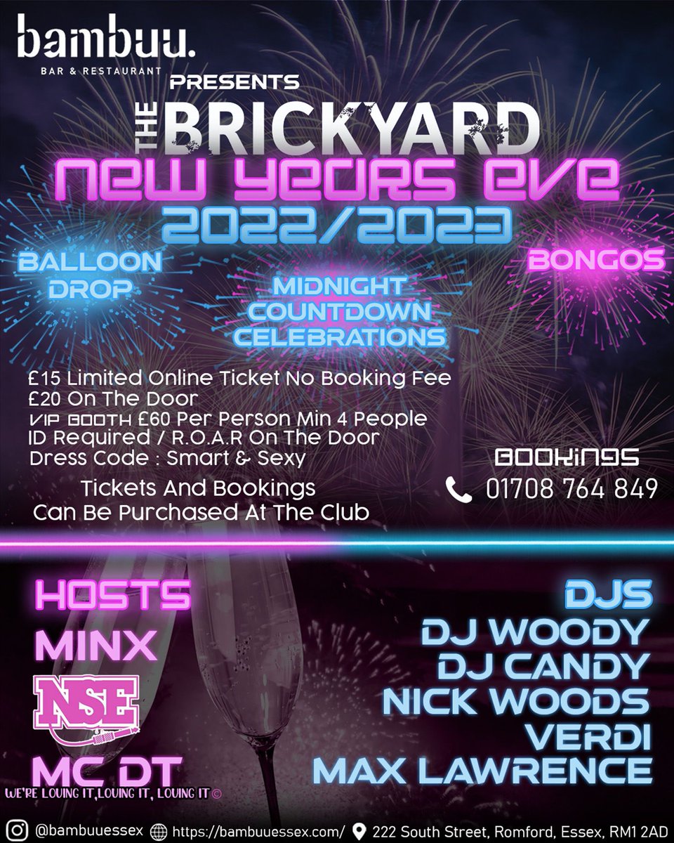 The Brickyard is OPEN NYE! 👌🏼

DJs 
<a href="/DJWoody01/">DJ Woody</a> 
<a href="/missdjcandy/">Coco Chanel</a> 
<a href="/djnickywoods/">Nicky Woods </a> 
verdi__1 
maxlawrence 

Hosted by: 
<a href="/1MCDT/">MC DT</a> 
@minxhoney 
legendary_nse 

Tickets and vip tables: 01708 764849 

Bookings link coming soon.