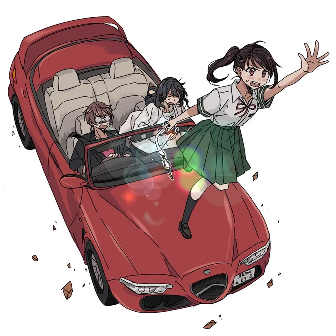 草鈴のダイナミック戸締まりに巻き込まれる芹澤朋也と愛車の絵です(さしぬきトリオ) 