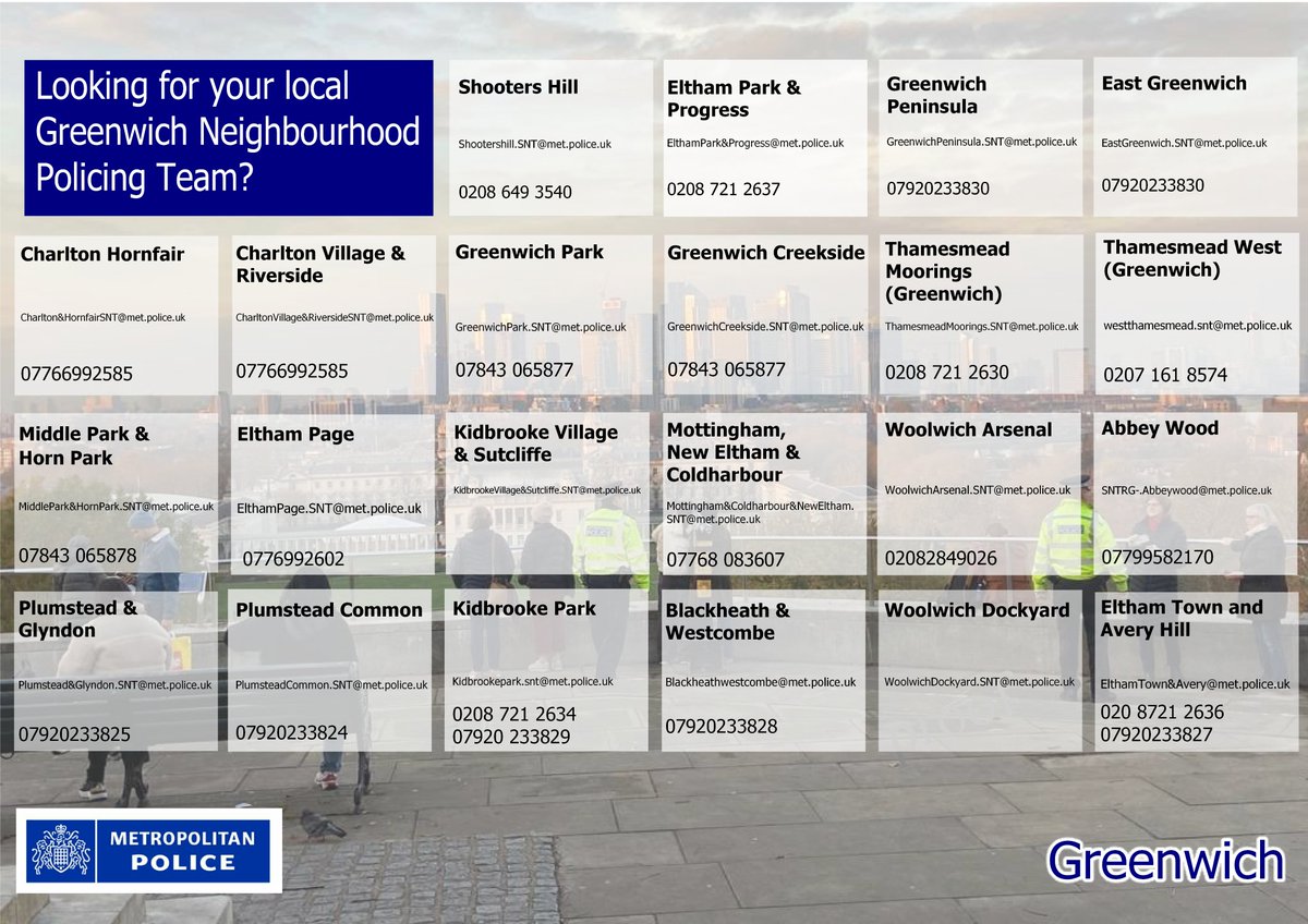 MPSGreenwich's tweet image. Your street, our beat
Remember, whilst not 24/7, your ward teams are the boots on your street. You need help, call 101 / 999 but if you need a chat about a local issue, give them a bell or email
#SaferNeighbourhoods #CommunityMatters