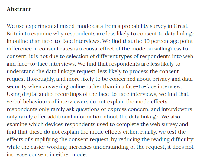 Jon Burton jonburton@bsky.social (@jburton123) on Twitter photo How and Why Does the Mode of Data Collection Affect Consent to Data Linkage? By <a href="/AnnetteJackle/">Annette Jackle</a> <a href="/jburton123/">Jon Burton jonburton@bsky.social</a> Mick P. Couper, Thomas F. Crossley <a href="/SaWalzenbach/">Sandra Walzenbach</a> ojs.ub.uni-konstanz.de/srm/article/vi… How and Why Does the Mode of Data Collection Affect Consent to Data Linkage? By <a href="/AnnetteJackle/">Annette Jackle</a> <a href="/jburton123/">Jon Burton jonburton@bsky.social</a> Mick P. Couper, Thomas F. Crossley <a href="/SaWalzenbach/">Sandra Walzenbach</a> ojs.ub.uni-konstanz.de/srm/article/vi…