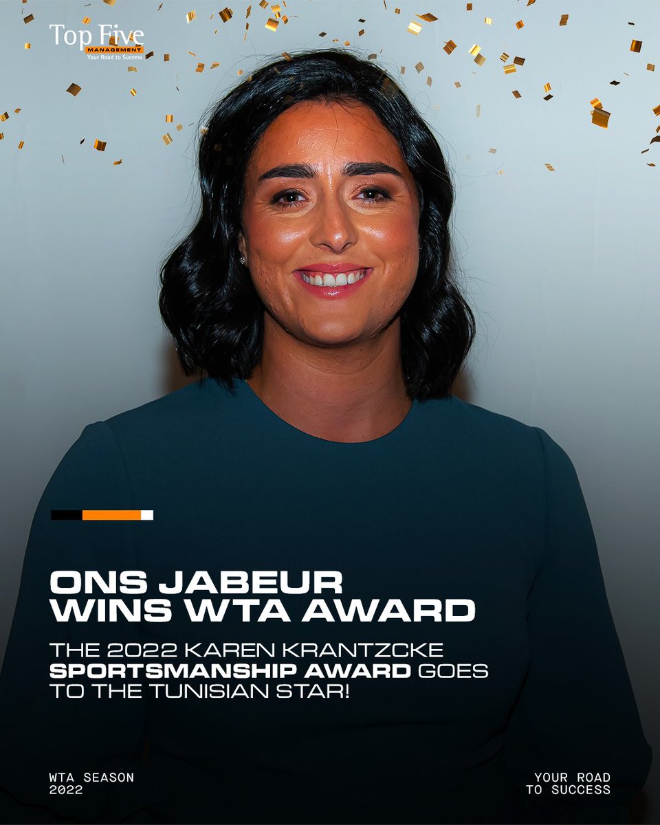 TopFiveMgmt's tweet photo. Finishing 2022 on a high note! ✨

After her amazing season, @Ons_Jabeur brings home the 2022 Karen Krantzcke Sportsmanship Award! 🏆🇹🇳 https://t.co/mdcq8OCv72