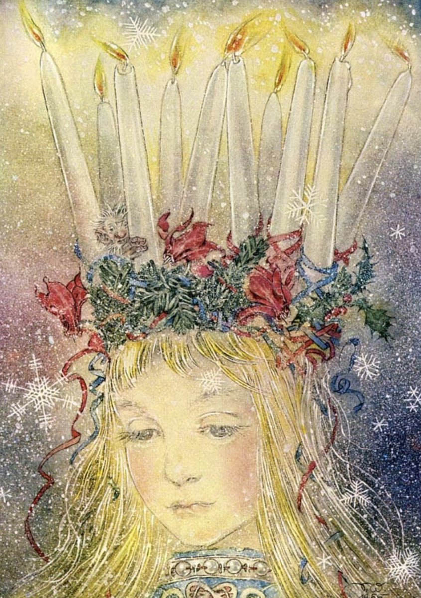 13th Window. St Lucy's Day & not far from the mountain of Skuleberget, deep in the forest, in the darkest of nights, the Newcomer was walking with a girl, a girl of light dressed in a snow-white gown with a sash the colour of fox berries, crowned with candles as bright as stars.