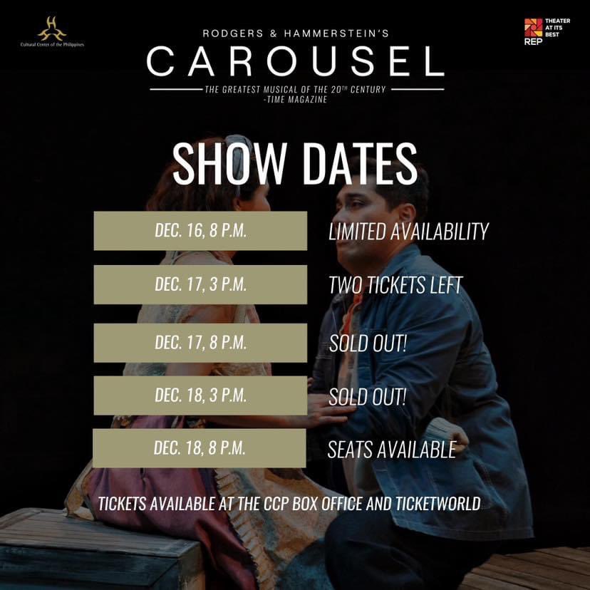 karyllespotify's tweet photo. One LAST RIDE around the #CarouselREP2022 🎠 

Due to sold out shows and insistent public demand, they added ONE LAST SHOW this Dec. 18, 8 p.m. 🎭 Don't miss the LAST CURTAIN CALL! 

#CarouselREP2022 #CCPBlackBoxTheater
#RepertoryPhilippines @anakarylle https://t.co/PLMZnhumcF