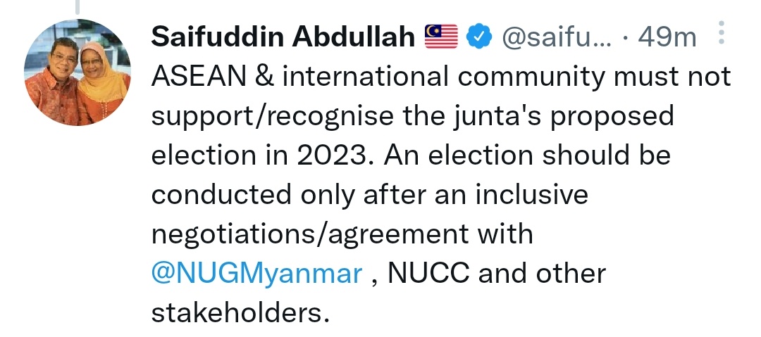 MayWongST's tweet photo. Despite not being #Malaysia's foreign minister in new Malaysian cabinet, outspoken &amp; harsh critic of #Myanmar #military regime &amp; ex-Malaysia foreign minister @saifuddinabd continues to call on global community to reject Myanmar army &amp; its planned polls #WhatsHappeningInMyanmar https://t.co/KQzVpKgN2Y