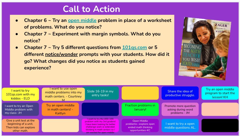 Another awesome #BecomingMath book discussion! So many great reflections and connections! Teachers are super excited about <a href="/openmiddle/">Open Middle</a>  problems!! 
Interactive slides are amazing! 

@TracyZager <a href="/theresawills/">Theresa Wilson</a>