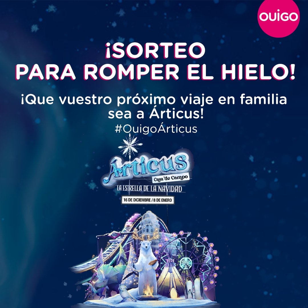 Árticus se desliza a Madrid y subimos al tren con un  SORTEO fresquito en  IG ⛸️
- ¡5 packs de 4 entradas para que vengas desde  nuestros destinos y ver el espectáculo❄️ 
-2 packs de 4 entradas vips 
RT y síguenos para participar🚅🤍
BBLL: ouigo.com/es/bases-legal…
#OUIGOÁrticus