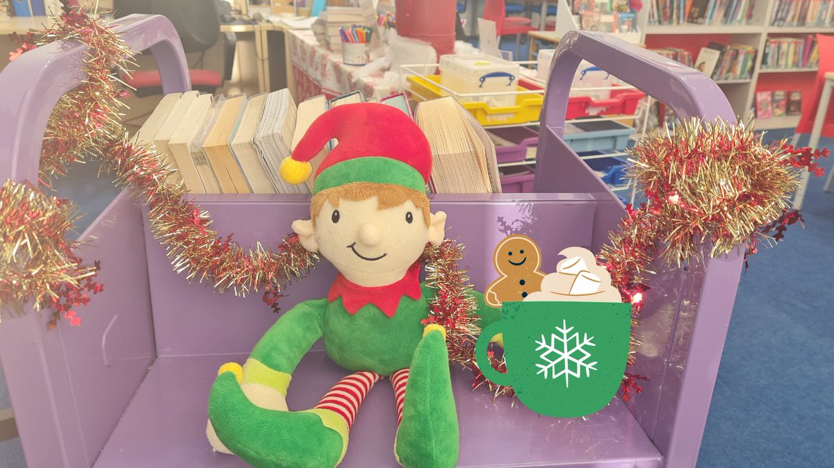 PWKAcademyLib's tweet photo. Just hitching a ride on our library trolley and sipping a hot choc. Hard life for our Library Elf! @pwkacademy #LibraryElf https://t.co/khSz9AUImY