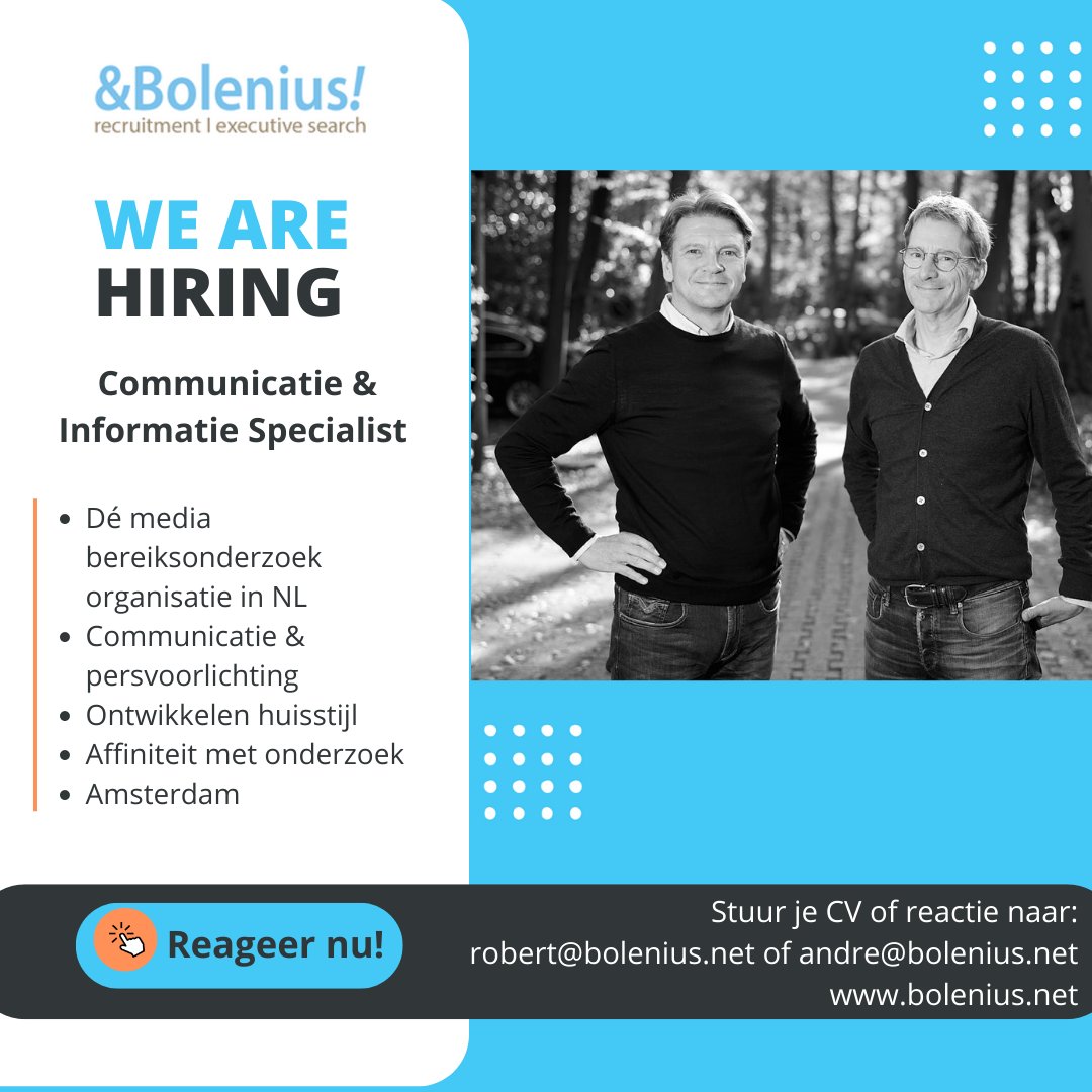 robertbolenius's tweet photo. We zoeken een Communicatie &amp; Informatie Specialist. Heb je affiniteit met (media) onderzoek en enkele jaren communicatie ervaring. Dan is dit een interessante optie. https://t.co/3nVSQ0j7GG