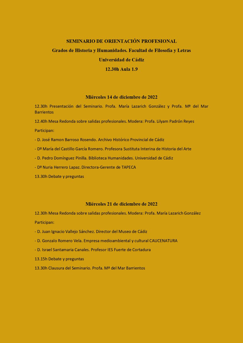 📝 #Mañana miércoles 14 y el próximo 21 celebraremos un Seminario de Orientación profesional en conjunto con el grado en Historia 🤓

🔍 Acércate a las 12.30h al Aula 1.9 y conoce sobre empresas culturales, archivos, bibliotecas, investigación y oposiciones... No faltes! 👌