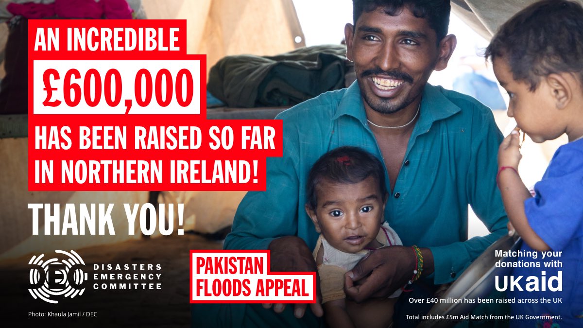 KateNicholl's tweet photo. The DEC #PakistanFloodsAppeal has raised £600,000 in Northern Ireland &amp; £40 million in the UK thanks to generous donations. Water still hasn’t receded in some areas &amp; families are struggling without food, shelter &amp; healthcare. The appeal continues: https://t.co/4bm4lLybTF https://t.co/li9lI4xfY9