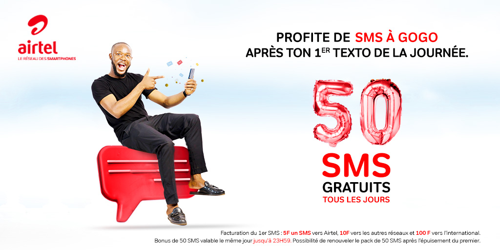 Avec Airtel, découvrez au quotidien 50 bonnes raisons de communiquer avec vos proches.
Chaque jour, après l’envoi du 1er sms, recevez un pack de 50 sms gratuits et renouveler le à volonté jusqu’à 23h59. 
#AirtelNiger #Soyonsprudents #AirtelSMS