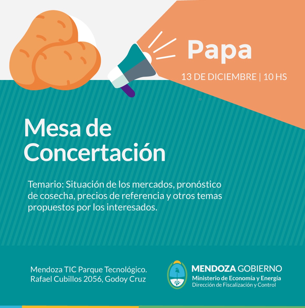 #Gestión #Mendoza 
¡Atención productores e industriales de papa! En un rato estaremos en el <a href="/ParqueTIC/">Mendoza TIC Parque Tecnológico</a> para conformar la Mesa de Concertación del sector 
Si aún no se inscribieron, ingresen en cutt.ly/r1OoQre para participar