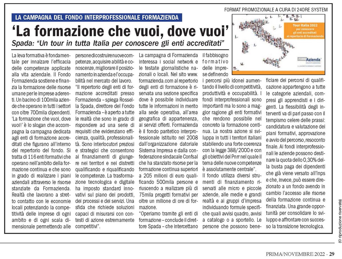 La #rivista della #comunicazione e dell’informazione #PRIMACOMUNICAZIONE ospita l’intervento di <a href="/form_azienda/">Formazienda</a> che promuove la #campagna a sostegno degli #enti di #formazione iscritti al #repertorio delle strutture formative del fondo.