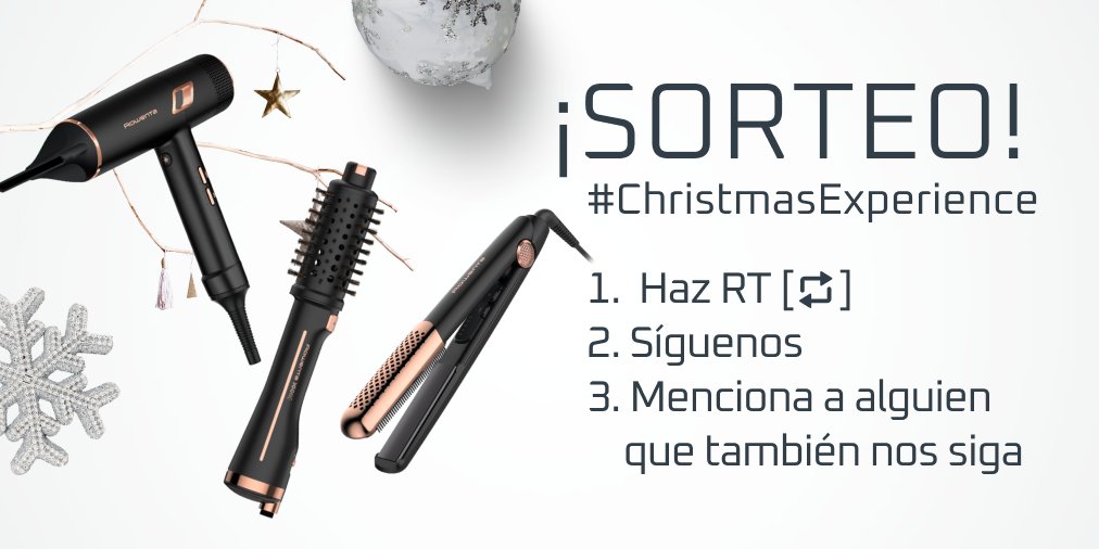 Rowenta_ES's tweet photo. 🎄 SORTEO #ChristmasExperience 
🎁 PREMIO: A escoger entre el Secador Maestria, el Cepillo de aire Virtuoso y la plancha de pelo Inimitable. 

1️⃣ Sigue a @Rowenta_Es
2️⃣ Haz RT 
3️⃣ Menciona a alguien que también nos siga

Tenéis hasta el día 21/12 para participar. https://t.co/jgQ3JybJ8F