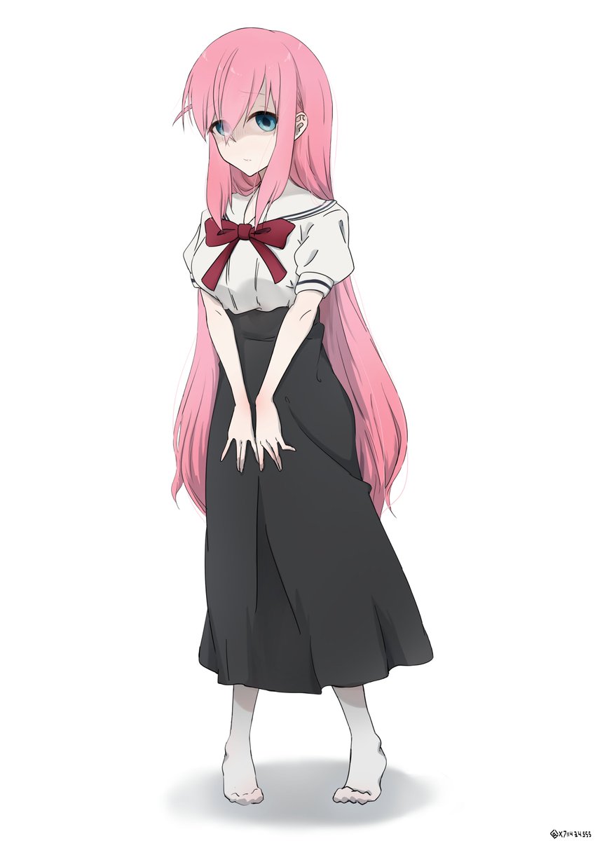 gotou hitori 1girl solo long hair skirt pink hair white background blue eyes  illustration images