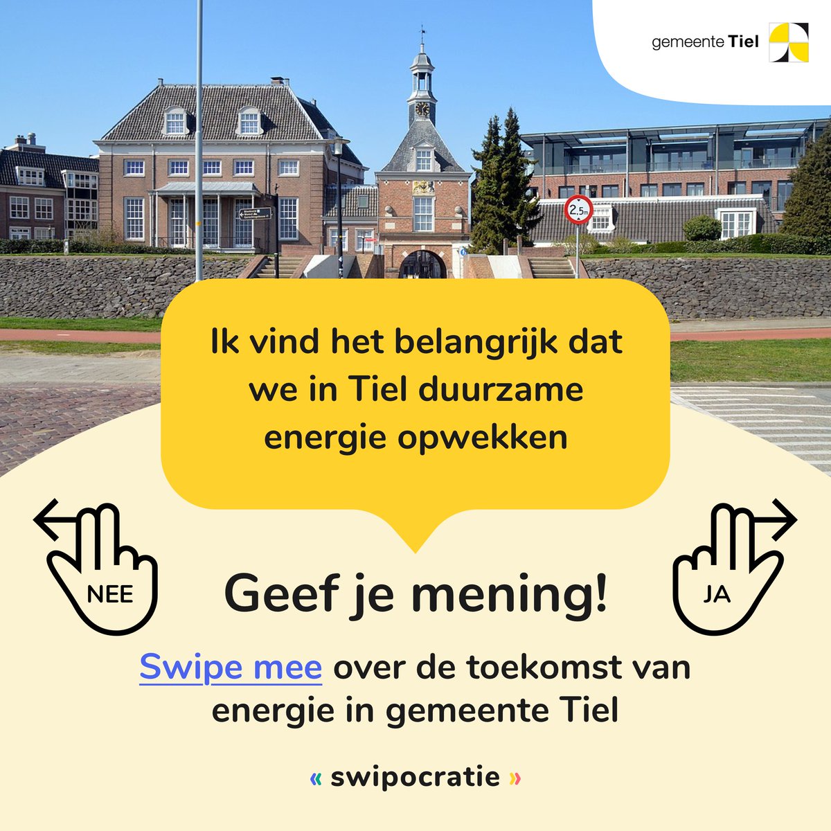 𝗘𝗻𝗲𝗿𝗴𝗶𝗲 𝘂𝗶𝘁 𝘇𝗼𝗻 𝗲𝗻 𝘄𝗶𝗻𝗱? 
Een drijvend zonnepark? Zonnepanelen in het wegdek van de snelweg? Of liever bij de teler boven de kas? 

We zijn benieuwd welke keuzes jij zou maken! Swipe in 3 minuten door onze vragen en deel je mening! ⤵️
tiel.swipocratie.nl