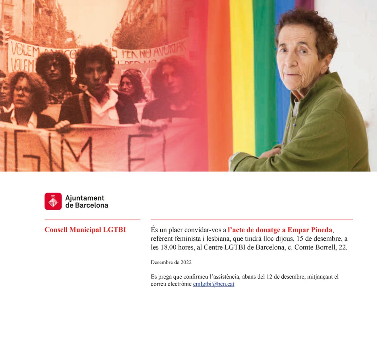 Empar Pineda, presidenta honorífica de Calala, es una referente feminista y lesbiana, por lo que el Consell Municipal LGTBI de Barcelona le hará un muy merecido homenaje 💜

🗓 Jueves 15 de diciembre
⏰ 18 h
📌 Centro LGTBI de Barcelona, c. Conde Borrell, 22.