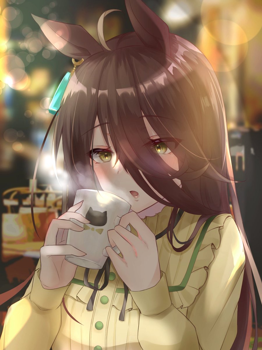 manhattan cafe (umamusume) 1girl animal ears solo long hair horse ears cup ahoge  illustration images