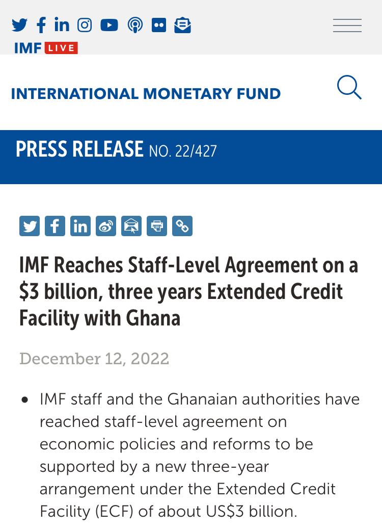 1darln's tweet photo. BREAKING NEWS ‼️
GOVERNMENT OF GHANA REACHES A STAFF-LEVEL AGREEMENT WITH #IMF.
Restoring macroeconomic stability and debt sustainability has been the priority of this Nana-Bawumia government.
Ghana shall #BouncingBackStronger https://t.co/d6iRn6R21n