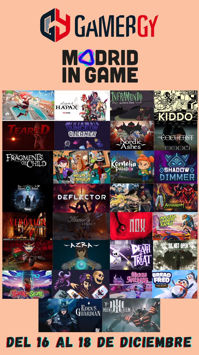 Nos vemos en @Gamergy en la zona indie de <a href="/MadridinGame/">Madrid in Game</a> con todos estos estudios:

<a href="/StendhalGames/">Stendhal Games</a>
<a href="/RPGamestudio/">RPGames</a> 
<a href="/4CatsGames/">4CatsGames</a> 
<a href="/kiddothegame/">KIDDO</a> 
<a href="/tearedac/">JuaN-MoD Studio | TeareD - Arcade Classic</a> 
<a href="/_DungeonCleaner/">DUNGEON CLEANER - 🫧 Wishlist on Steam! 🫧</a> 
<a href="/NoxfallStudios/">Noxfall Studios</a> 
@PentakillStudio 
<a href="/FragmentsChild/">Fragments of Child</a> 
<a href="/WTEmpyreum/">Welcome to Empyreum ✨🏨🐸 – OUT NOW!</a> 
<a href="/KorneliaParadox/">🎄🎁Kornelia Paradox🎄🎁</a> 
@ShadowDimmer 

Seguimos...