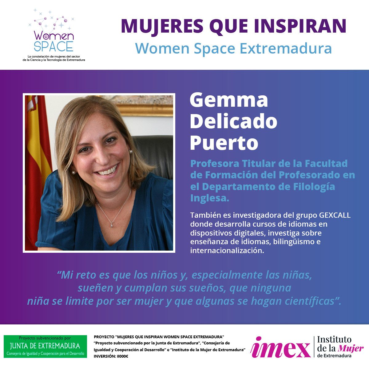 💫 MUJERES QUE INSPIRAN 💫 Gemma Delicado es Profesora Titular de la Facultad de Formación del Profesorado en el Departamento de Filología Inglesa e investigadora del grupo GEXCALL donde investiga sobre enseñanza de idiomas, bilingüismo,... 👉 womenspace.es/2022/11/09/gem…