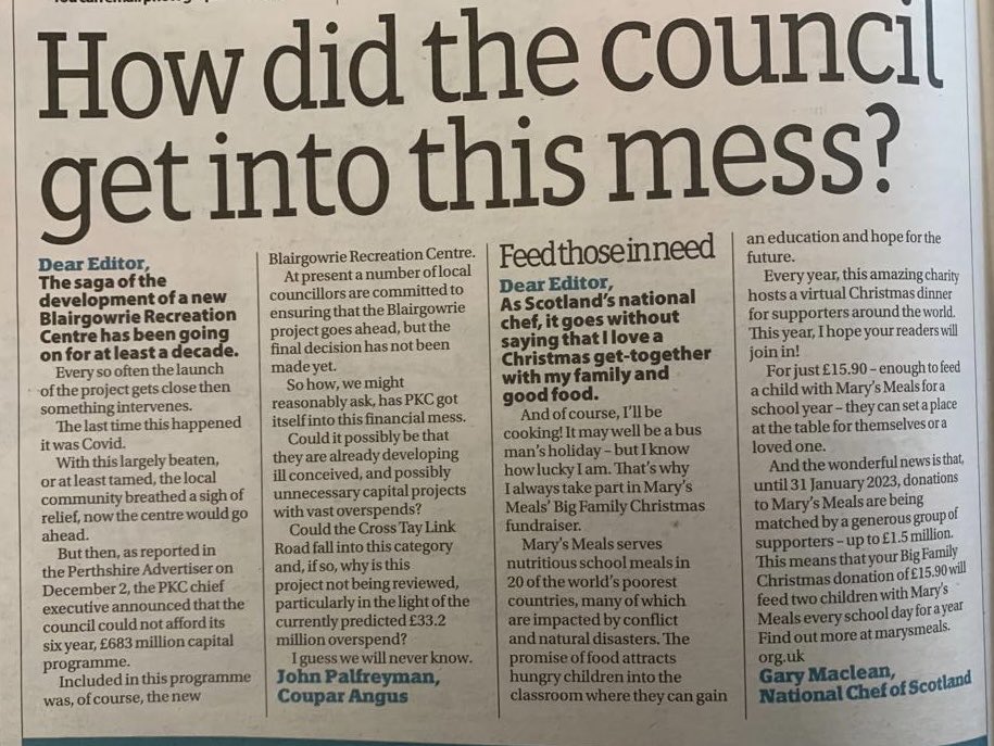 Perth_Greens's tweet photo. Unfortunately @PerthAndKinross would rather spend £110m on a 2mile road than on things for people eg a new recreation centre, along with many other ‘frozen’ capital projects. Why can’t people of P&K get to vote on this instead of voting in which services to cut? #Democracy #CTLR https://t.co/YiPZdHCL1O