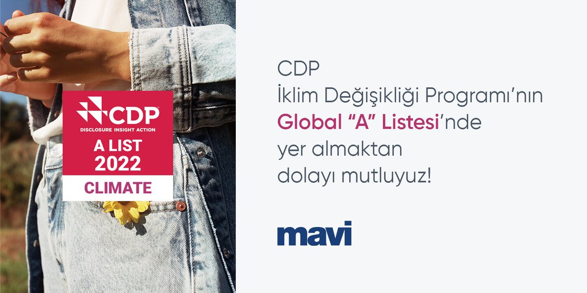 mavi's tweet photo. Dünyanın en büyük çevre raporlama platformu @CDP’nin (Carbon Disclosure Project) İklim Değişikliği Programı Global “A” Listesi’ne Türkiye’den giren ilk ve tek hazır giyim markası olmanın gururunu yaşıyoruz!

#AllBlue #CDPAList https://t.co/S1llP8fQt7