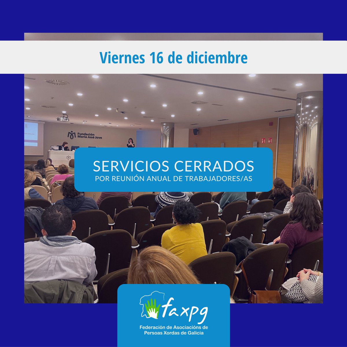 faxpg's tweet photo. Os informamos de que nuestros Servicios FAXPG permanecerán cerrados el próximo 𝘃𝗶𝗲𝗿𝗻𝗲𝘀 𝟭𝟲 𝗱𝗲 𝗱𝗶𝗰𝗶𝗲𝗺𝗯𝗿𝗲 debido a la Reunión Anual de Trabajadores/as. 

Disculpad las molestias. https://t.co/AfvQ1q5xrs