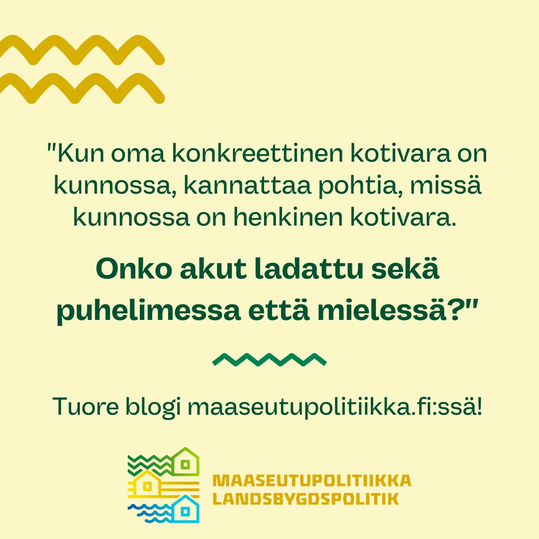 'Muistetaan tankata iloa ja yhteisöllisyyttä, säästetään vettä ja energiaa, mutta ei säästetä ketään hengiltä. Jokaista tarvitaan, otetaan kokemuspääoma tarkasti yhteiseen käyttöön ja yhteiseksi hyväksi.' @JamsenArja ja Eeva Krögerin tuore blogi 👉 maaseutupolitiikka.fi/blog/iloa-ja-y…