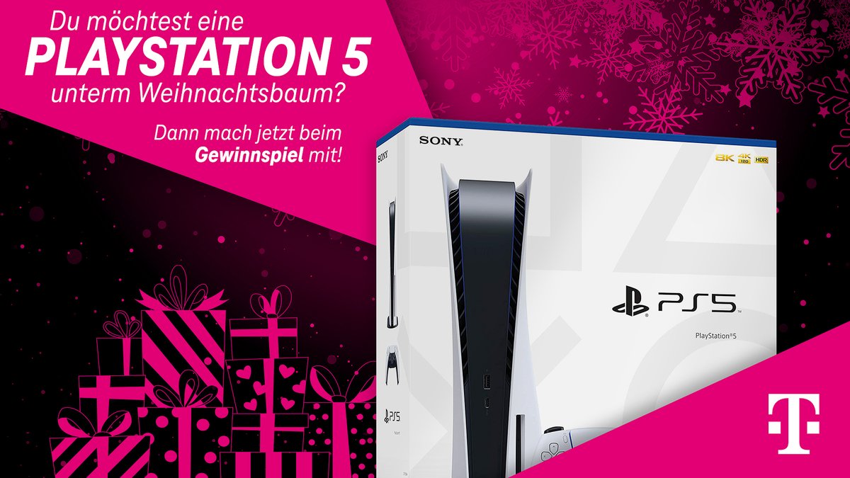 Du wünscht dir eine PlayStation 5 zu Weihnachten, hattest bei den Drops aber immer Pech?
Dann mach jetzt beim Gewinnspiel mit und erhalte die PS5 noch vor Weihnachten!

Was du dafür tun musst:
- <a href="/Telekom_zockt/">Telekom zockt</a> folgen
- Beitrag retweeten

Teilnahmeschluss: 20.12.2022, 14:00 Uhr