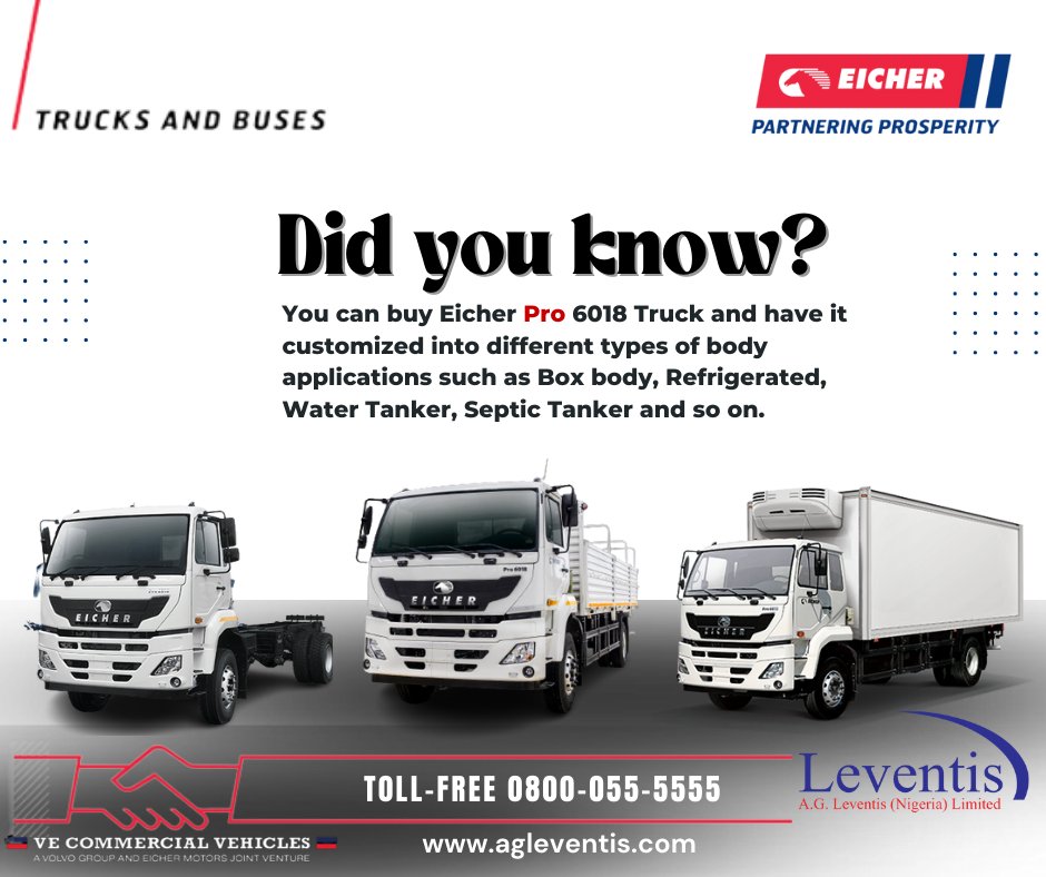 AGLeventisPlc's tweet photo. Did you know?
Eicher Pro 6018 Truck can be customized to your specific body application needs.
To learn more, call our Toll-free line 0800-055-5555.
#EicherPro #buytruck #Nigeria #trucks #ProfitableForLife #Agleventis #EicherTrucksAndBuses https://t.co/WhF2IKq67k