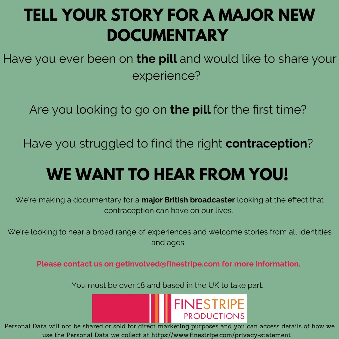 Finestripe's tweet photo. Hello! We are making a documentary for a major British broadcaster looking at the effect of contraception and looking to hear all about your experiences! For more info and to express interest in taking part email: getinvolved@finestripe.com https://t.co/N7NPrQBcu4