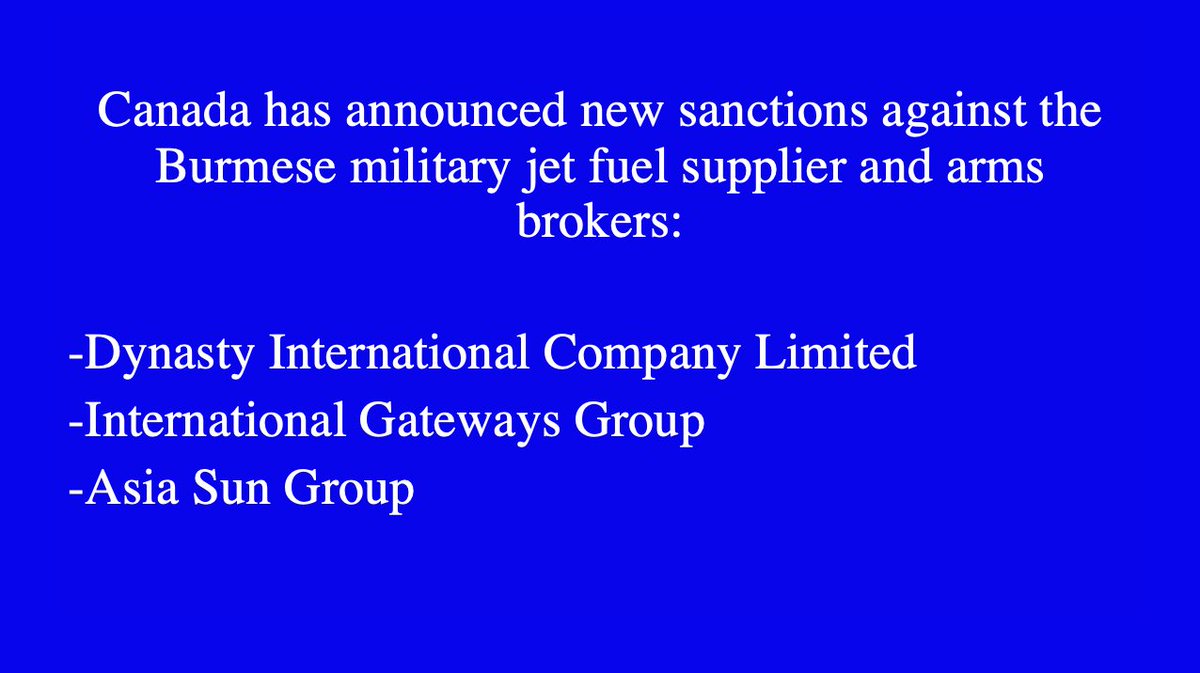 zoyaphan's tweet photo. Canada is the first to impose sanctions relating to the supply of aviation fuel to the Burmese military. Pressure on the Burmese military is growing. 

Statement by @JusticeMyanmar  https://t.co/8MCYVZ9VuA

Announcement by Canada https://t.co/78yzOnQCfv https://t.co/DWzNEYCH7A