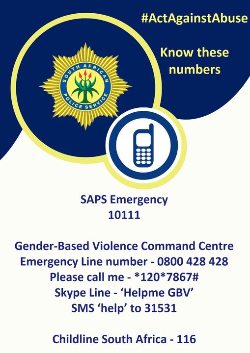 Don't look away. 

You can help a victim of violence and abuse by saving these numbers and #ActAgainstAbuse.

#EndGBVF
#EnoughIsEnough