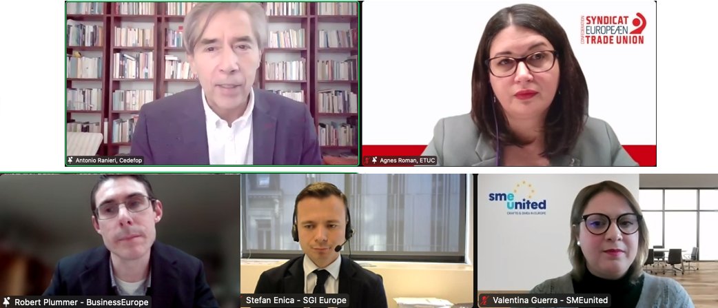 Cedefop's tweet image. 🔹 Powering the European #digital transition – day 3️⃣

Cedefop&apos;s Antonio Ranieri discusses #ESJS2 findings with social partners:
🔸 @etuc_ces&apos;s @AgnsRmn
🔸 @BusinessEurope&apos;s Robert Plummer
🔸 @SMEunited&apos;s @ValentinaGuer22
🔸 @SGI_Europe&apos;s @stefan_enica

#ESJSurvey #digitalisation