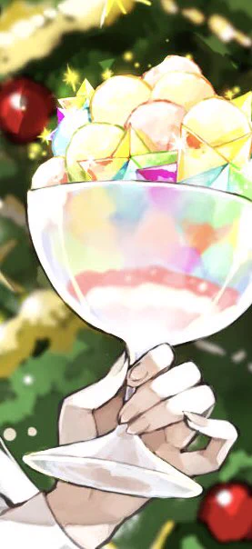 手に持ってるスイーツ、石(ゼリー系か本物かはわからない)入りだし最初は石の色に合わせてレインボーアイスが入ってたんだけど、描いてるうちにアイ◯の実詰め合わみたいなよく分からない物になってしまったので少しアイスは残しつつパフェに変更しました 