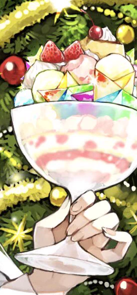 手に持ってるスイーツ、石(ゼリー系か本物かはわからない)入りだし最初は石の色に合わせてレインボーアイスが入ってたんだけど、描いてるうちにアイ◯の実詰め合わみたいなよく分からない物になってしまったので少しアイスは残しつつパフェに変更しました 