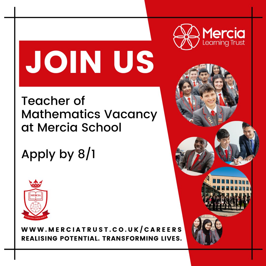 We are seeking to appoint an outstanding Teacher of Mathematics with the skills and knowledge to teach pupils with challenge and passion.
Find out more:
merciatrust.co.uk/blog/?pid=198&…

#sheffield #sheffieldschools #teachingjob #teaching #secondaryteacher #mathsteacher #secondary
