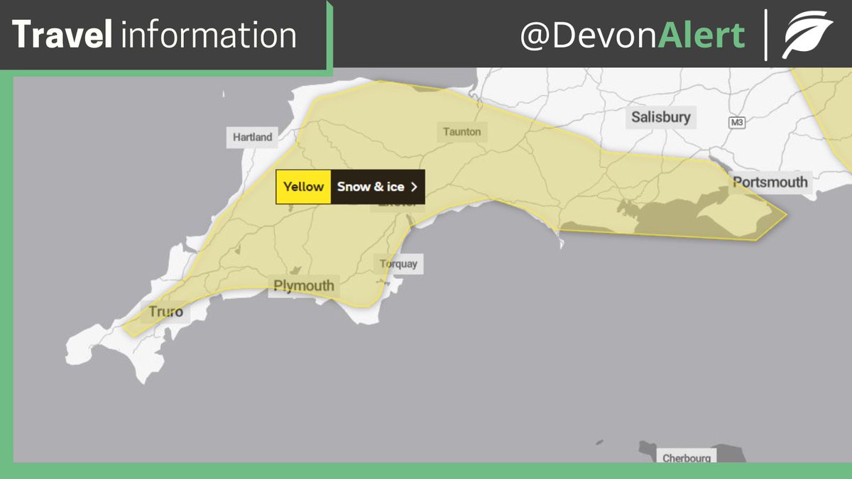 The met office have issued a yellow weather warning for snow  and ice for Devon between 18:00 this evening and 10:00 tomorrow.  Drive with care and allow extra time for your journey. SW <a href="/DevonCC/">Devon County Council</a> @BBCtravelSW <a href="/StagecoachSW/">Stagecoach SouthWest</a> #Devon