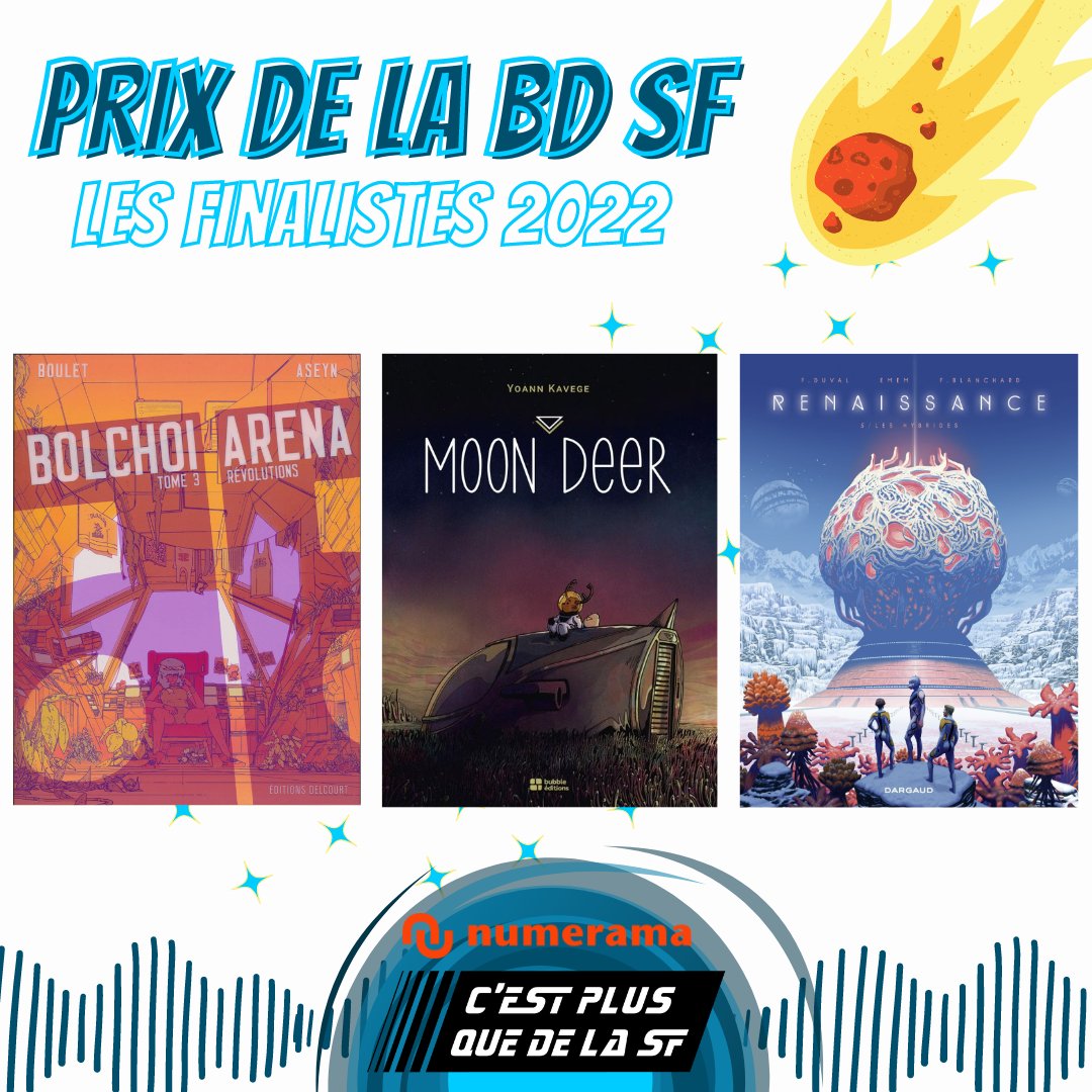 Notre Prix a maintenant ses finalistes ! Bravo à Bolchoi Arena d'<a href="/aseyn/">𝖆𝖘𝖊𝖞𝖓̗͎̘͉̱ͦ̇̏ͦ̌̕</a> et @Bouletcorp chez @DelcourtBD à Moon Deer de <a href="/KavegeYoann/">Yoann Kavege</a> chez <a href="/BubbleBD_/">Bubble BDComicsManga</a> et à Renaissance de chez <a href="/EditionsDargaud/">Editions Dargaud</a> ! Nous remettrons notre sésame le 19 janvier prochain chez <a href="/achetezdelart/">Achetez de l'Art</a> avec <a href="/Numerama/">Numerama</a> !