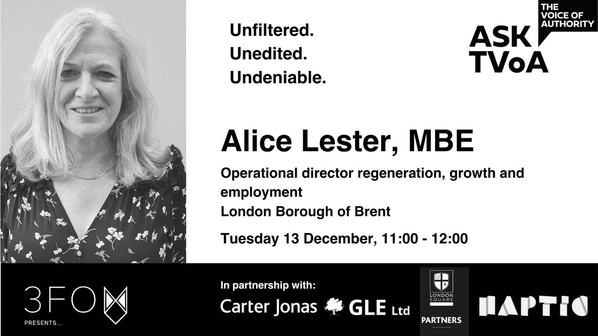 The Voice of Authority (@thevoiceofauth) on Twitter photo ⏰We are live in 10 minutes!
đź’»ATVoA: <a href="/AliceatBrent/">Alice Lester MBE</a>, MBE, operational director regeneration, growth and employment, <a href="/Brent_Council/">Brent Council</a>
📍loom.ly/iAYsm5Q
Twice listed as one of the most influential women in planning, awarded an MBE for services to planning.
#planning #housing ⏰We are live in 10 minutes!
đź’»ATVoA: <a href="/AliceatBrent/">Alice Lester MBE</a>, MBE, operational director regeneration, growth and employment, <a href="/Brent_Council/">Brent Council</a>
📍loom.ly/iAYsm5Q
Twice listed as one of the most influential women in planning, awarded an MBE for services to planning.
#planning #housing
