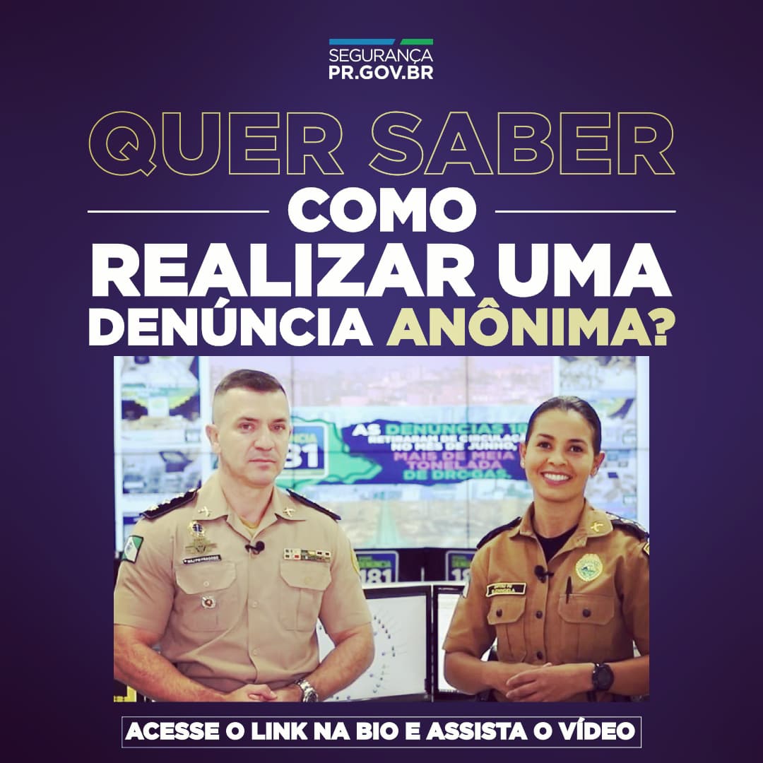 Bom dia, acesse o link bit.ly/3ivTza3 e saiba como realizar uma denúncia anônima de qualquer lugar do Paraná.