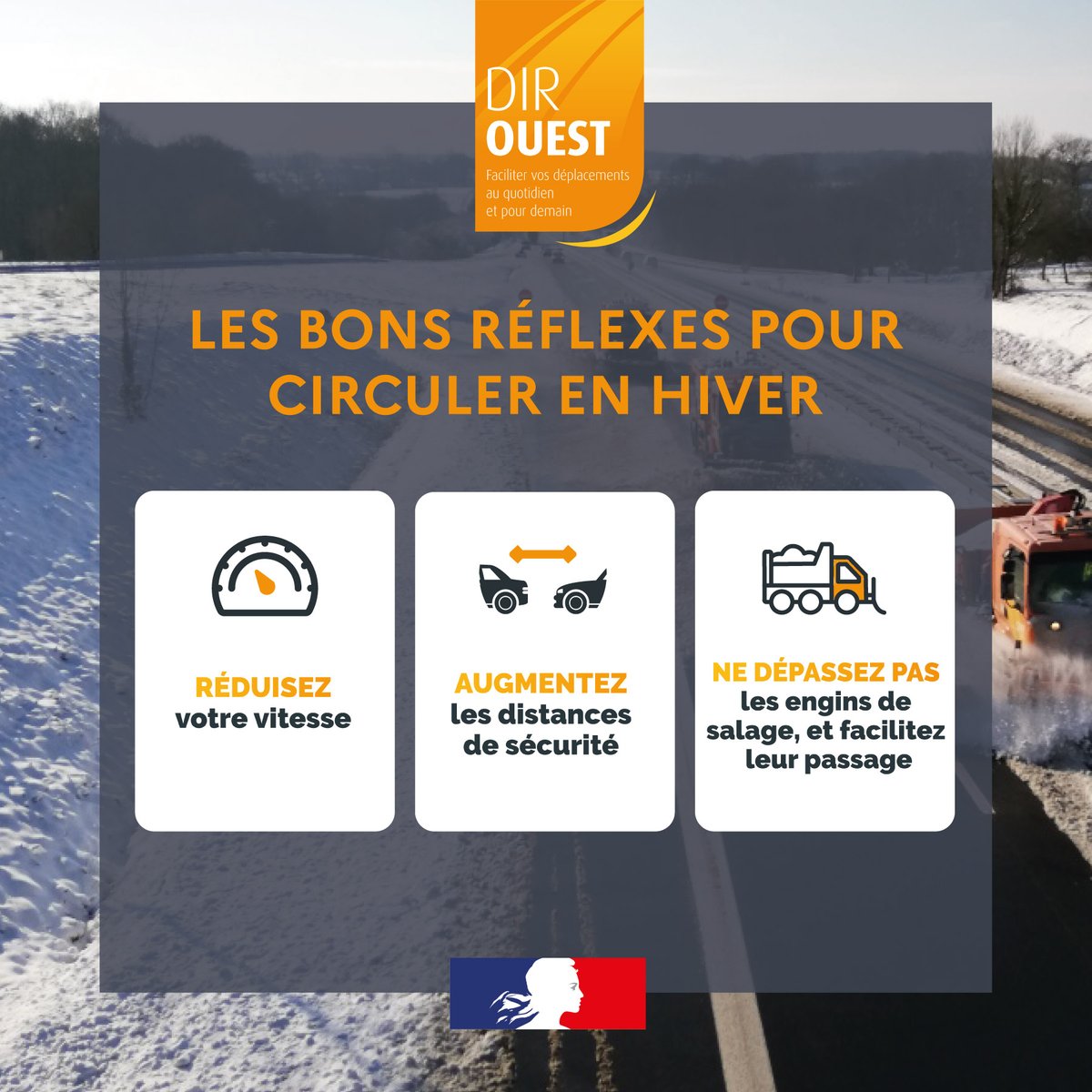❄️ Prudence sur les routes de l'Ouest
En cas de neige ou de verglas, n'oubliez pas les bons réflexes !
#route #hiver